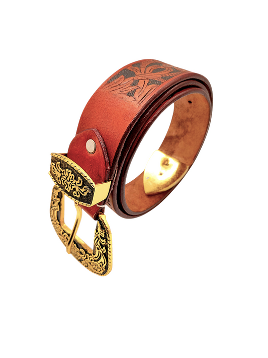 HushaHide Handcrafted Tooled Leather Belt for Men & Women – Vintage Floral Design with Antique Gold Buckle & Tip
