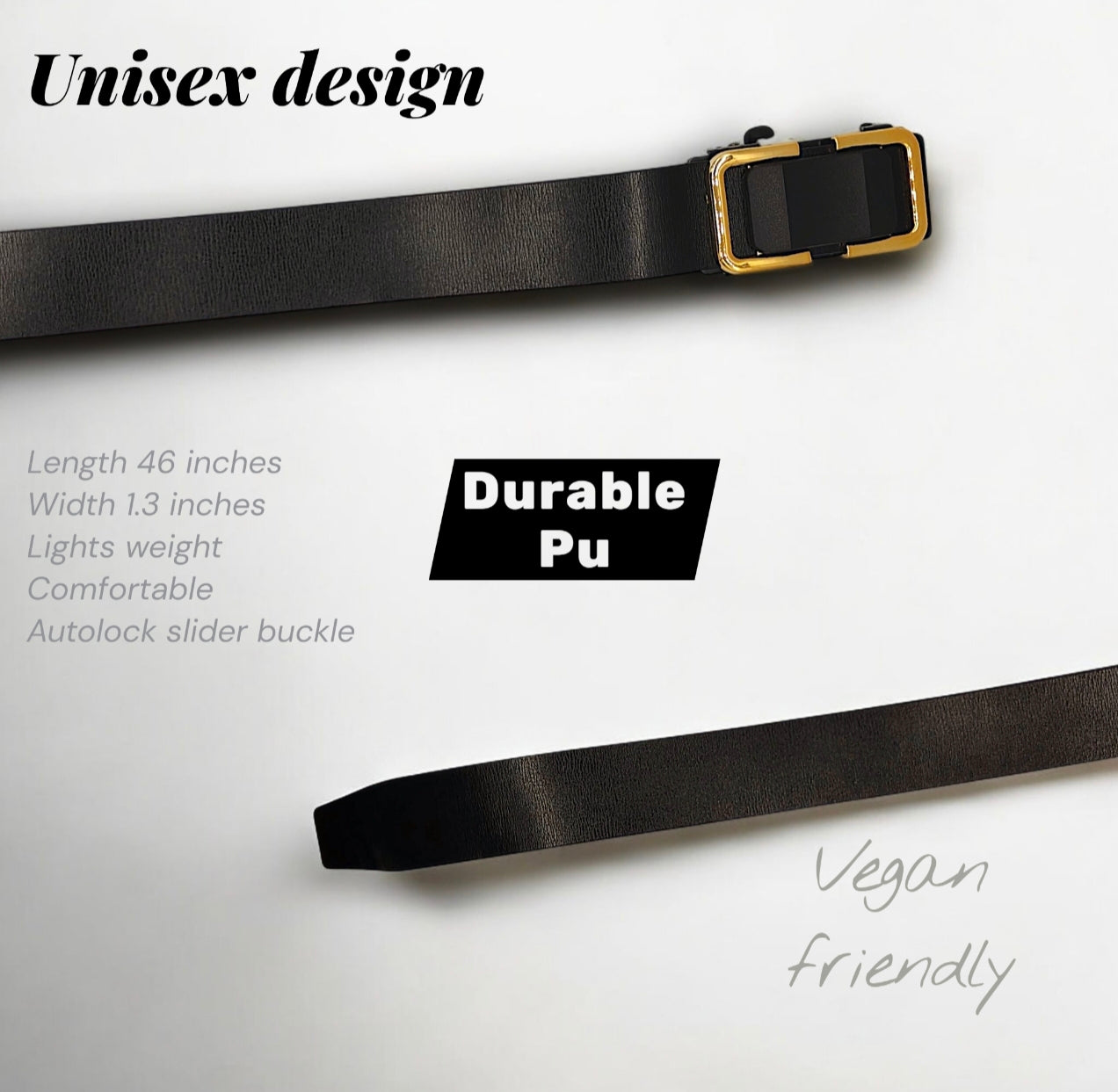 Hushahide Unisex PU Leather Belt with Auto-Lock Slider Buckle – Adjustable 46 Inch, Vegan Friendly