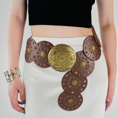 Stylish Vintage Brown Women Belt with Golden Round Metal Buckle | Wide Designer Waist Belt for Dresses, Saree, Jeans | Artificial Leather Belt for Women