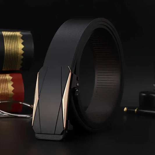 HushaHide Men's Black PU Leather Belt | Autolock Buckle | Stylish Formal & Casual Waist Belt (Fits Up to 40 Inches)