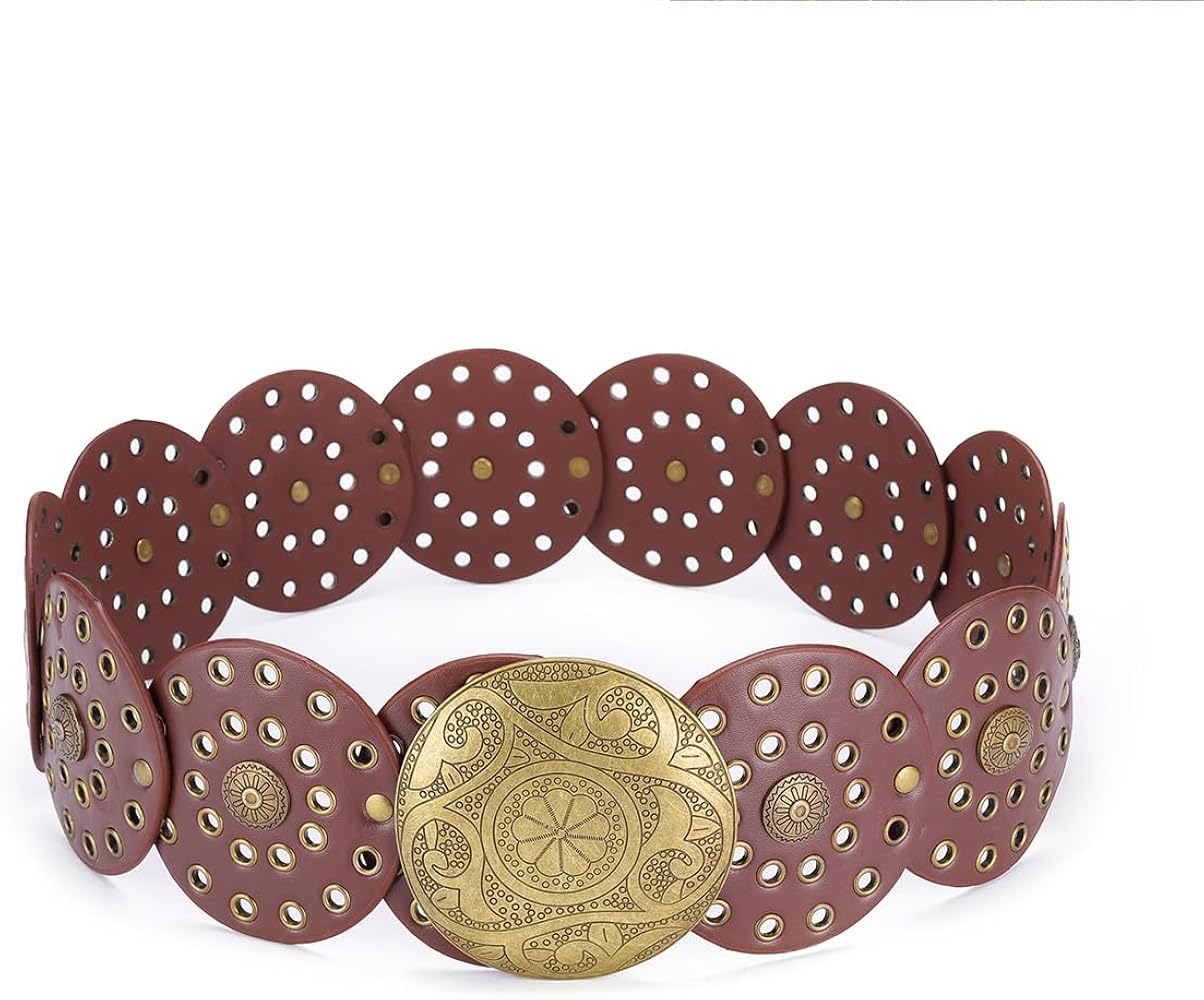 Stylish Vintage Brown Women Belt with Golden Round Metal Buckle | Wide Designer Waist Belt for Dresses, Saree, Jeans | Artificial Leather Belt for Women