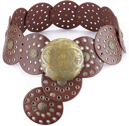 Stylish Vintage Brown Women Belt with Golden Round Metal Buckle | Wide Designer Waist Belt for Dresses, Saree, Jeans | Artificial Leather Belt for Women