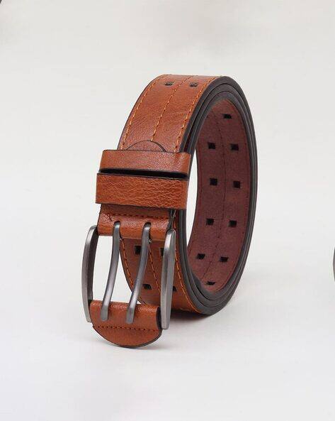 HUSHAHIDE Tan PU Leather Belt for Men | Stylish Casual & Formal Belt with Silver Double Pin Buckle | Vegan Friendly