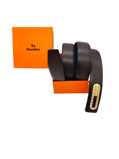Hushahide Brown Vegan Leather Belt for Men – Textured PU Strap with Stylish Golden Buckle