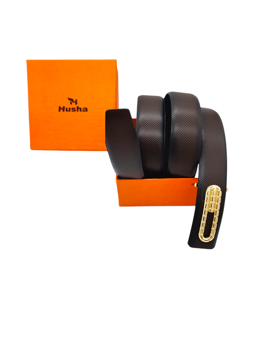 Hushahide Brown Vegan Leather Belt for Men – Textured PU Strap with Stylish Golden Buckle