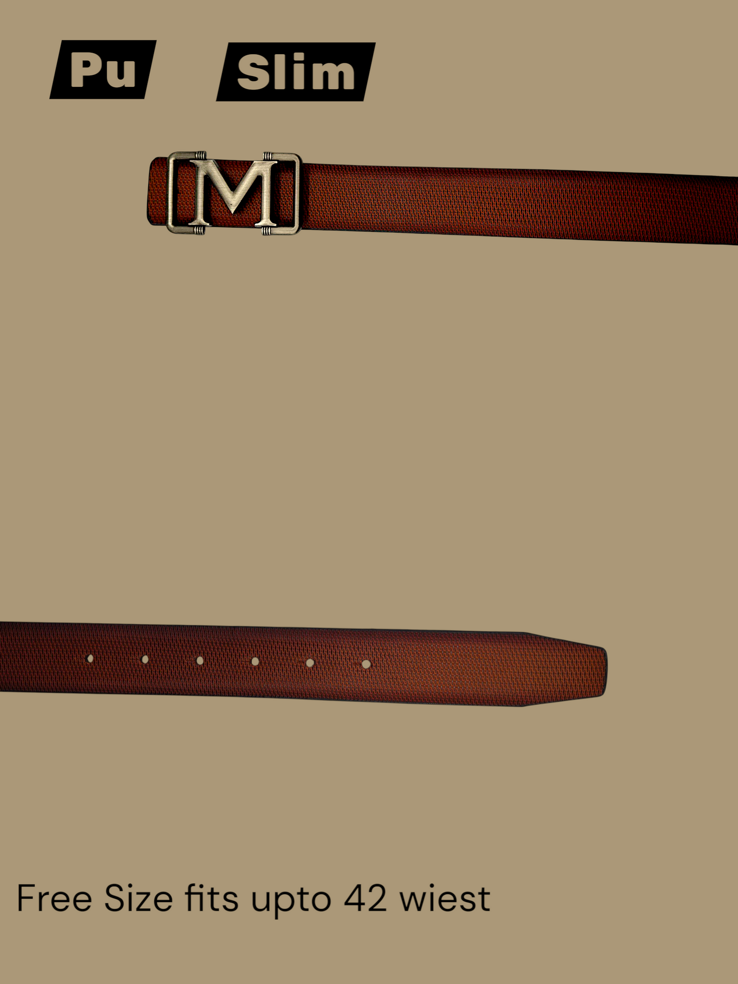 Hushahide Slim PU Leather Belt for Men | Stylish Textured Strap with ‘M’ Buckle | Free Size up to 42 Waist