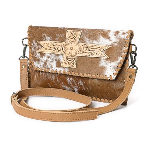 HUSHAHIDE Handcrafted Genuine Leather Sling Bag for Women | Western Style Hairon Crossbody Purse with Adjustable Strap (Tan Brown)